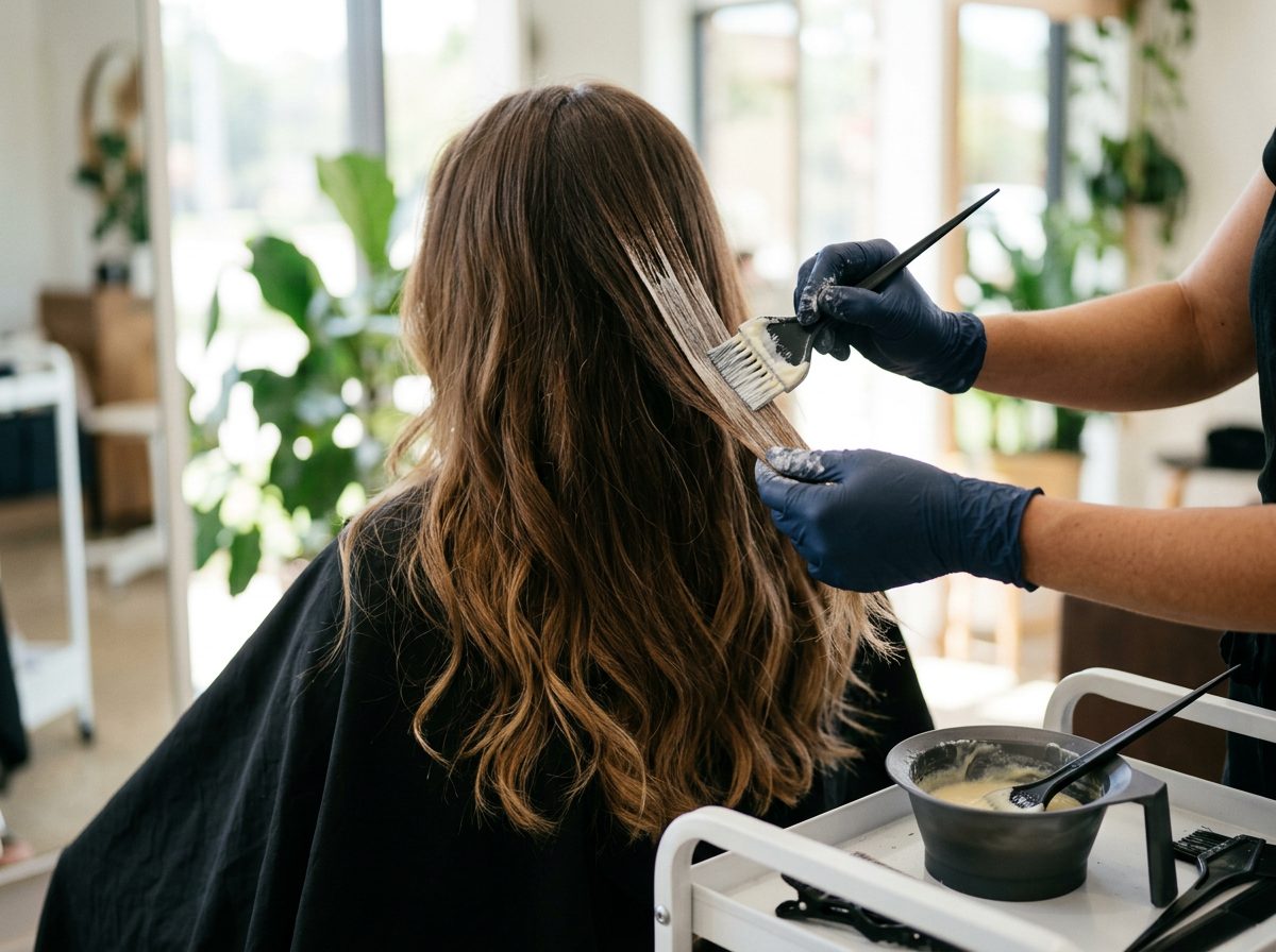 Colourist painting balayage lightener onto long brown hair