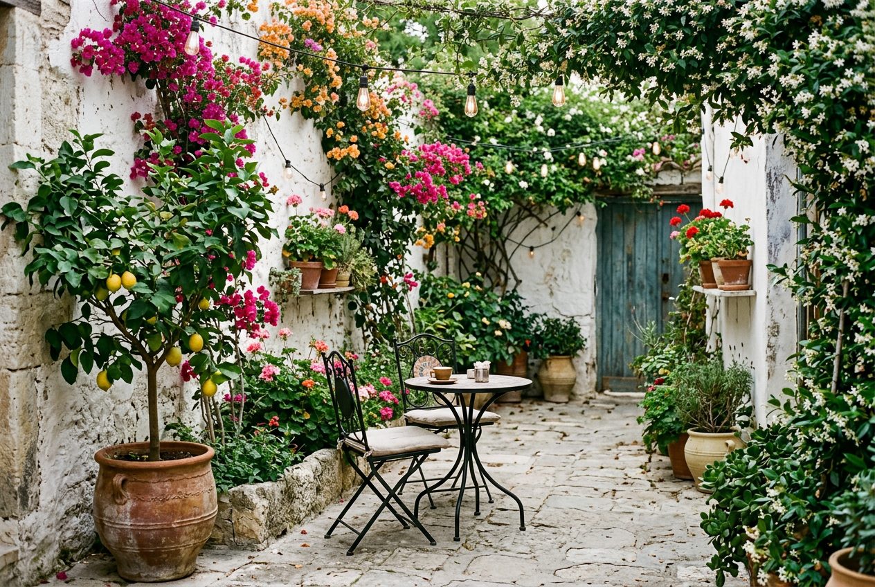 Small garden courtyard with bougainvillea, jasmine, a lemon tree and a bistro table