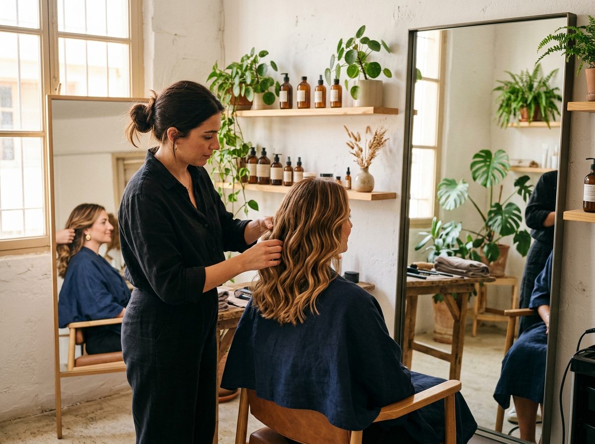 Hairdresser styling soft balayage waves in a bright salon full of plants